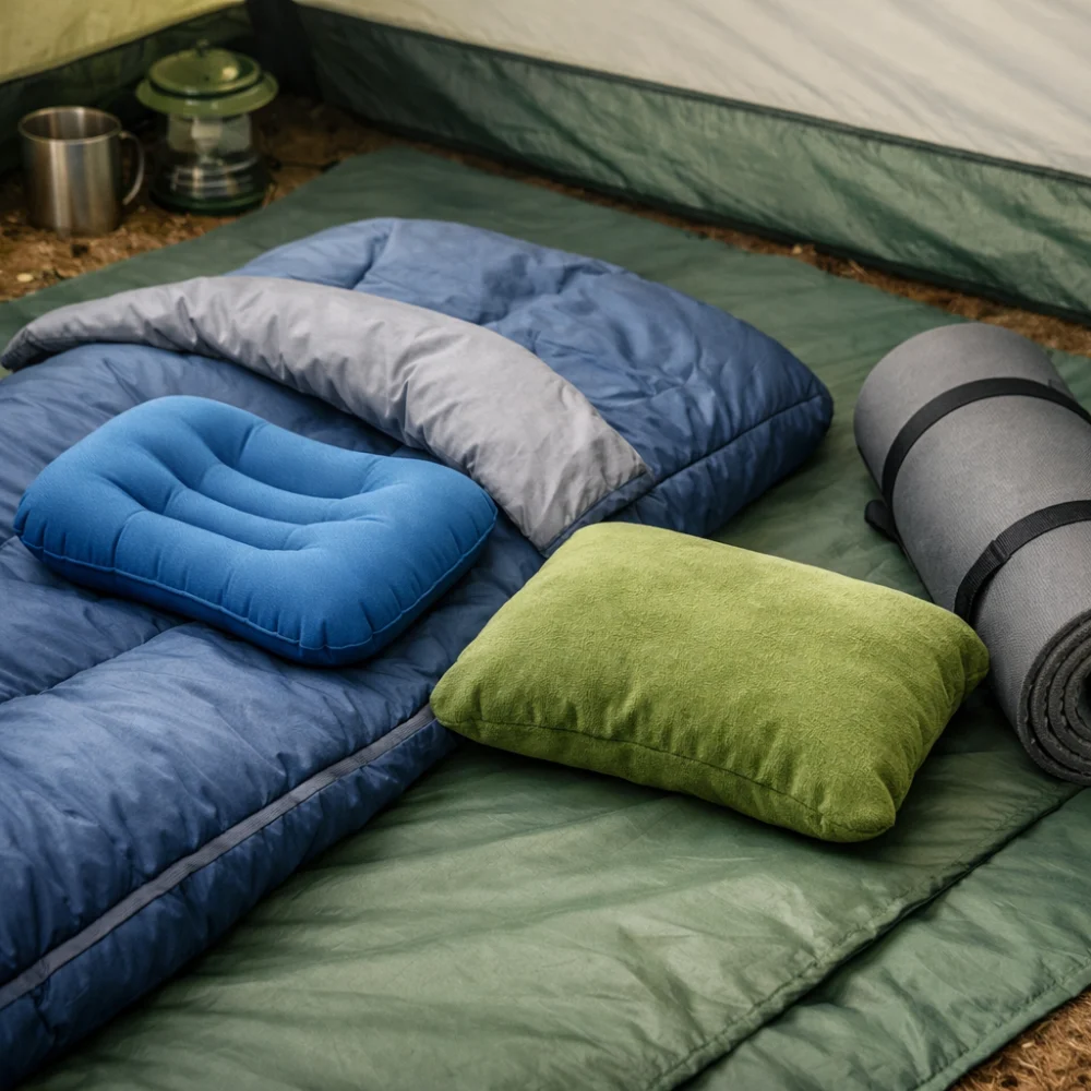 Camping sleep setup with different pillow styles beside camping gear