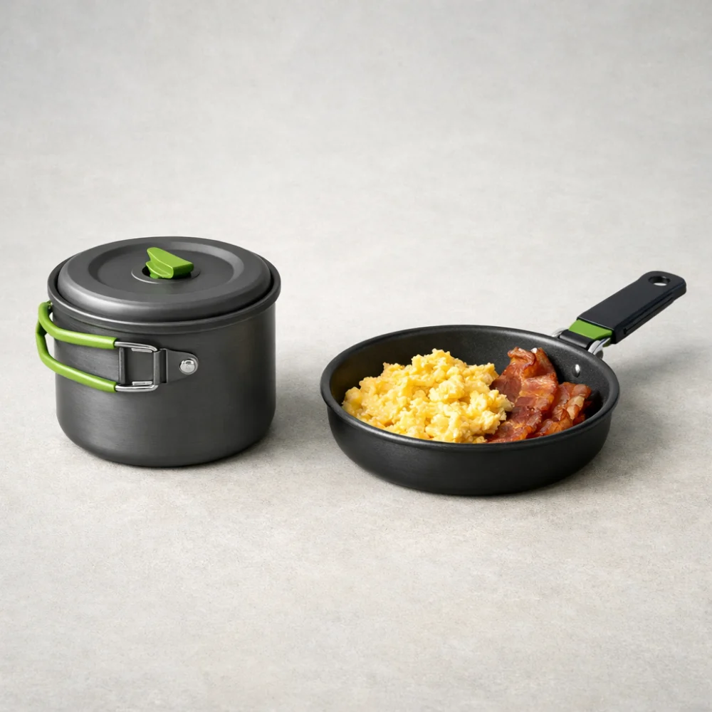 Compact camping pot next to a camping pan