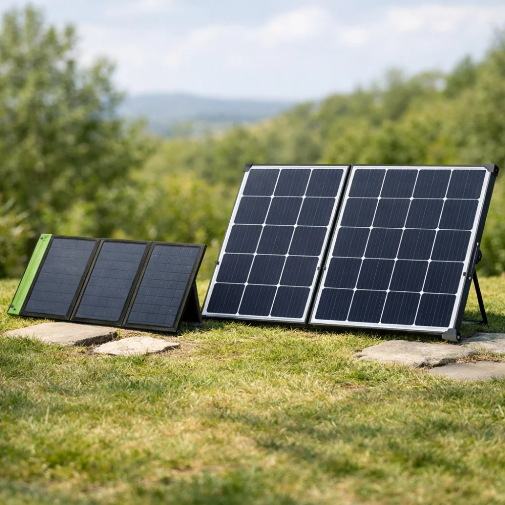 Two camping solar panel styles shown side by side for comparison