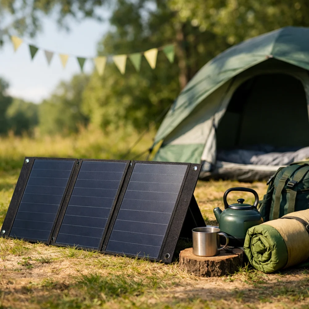 A foldable camping solar panel set up beside camping gear outdoors