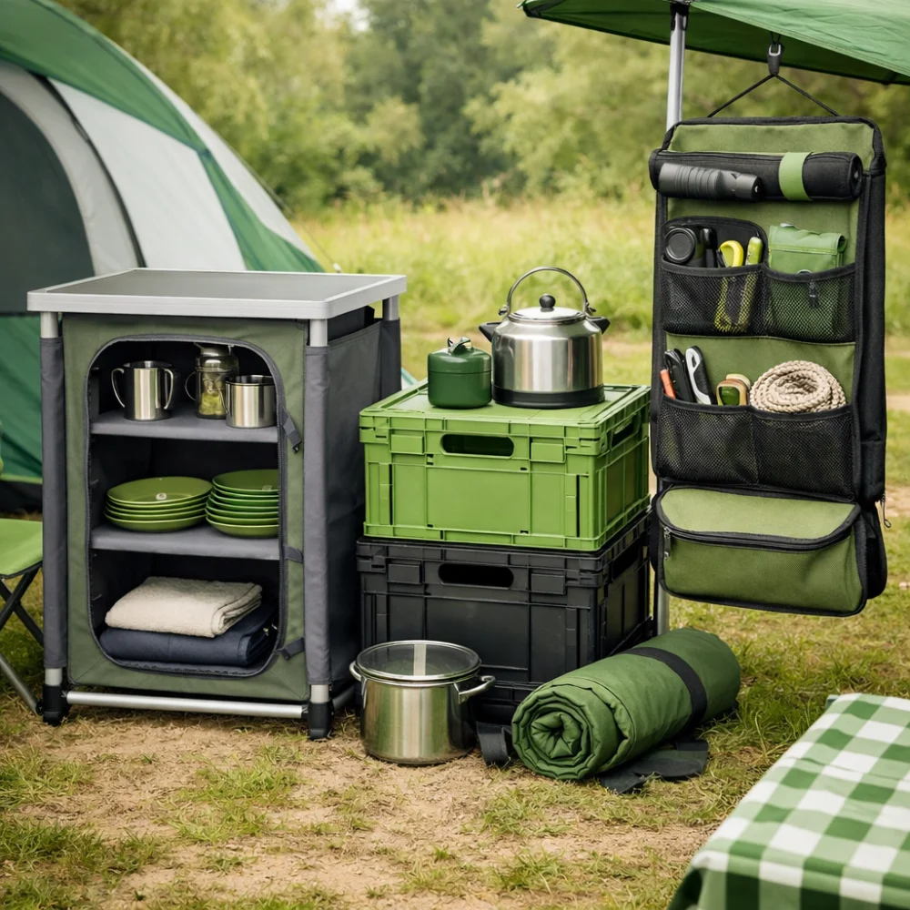 Camping storage items arranged for organised outdoor use