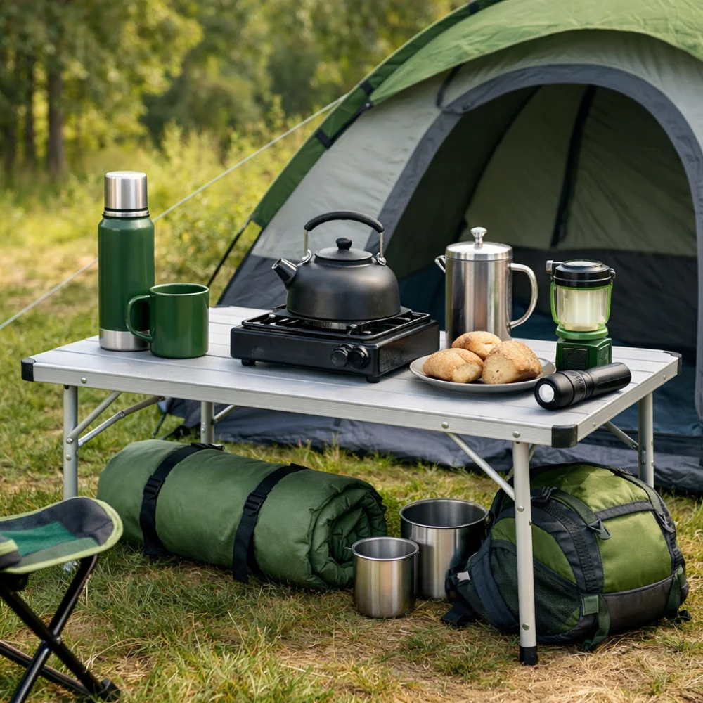 A folding camping table set up at a campsite beside outdoor camping essentials.