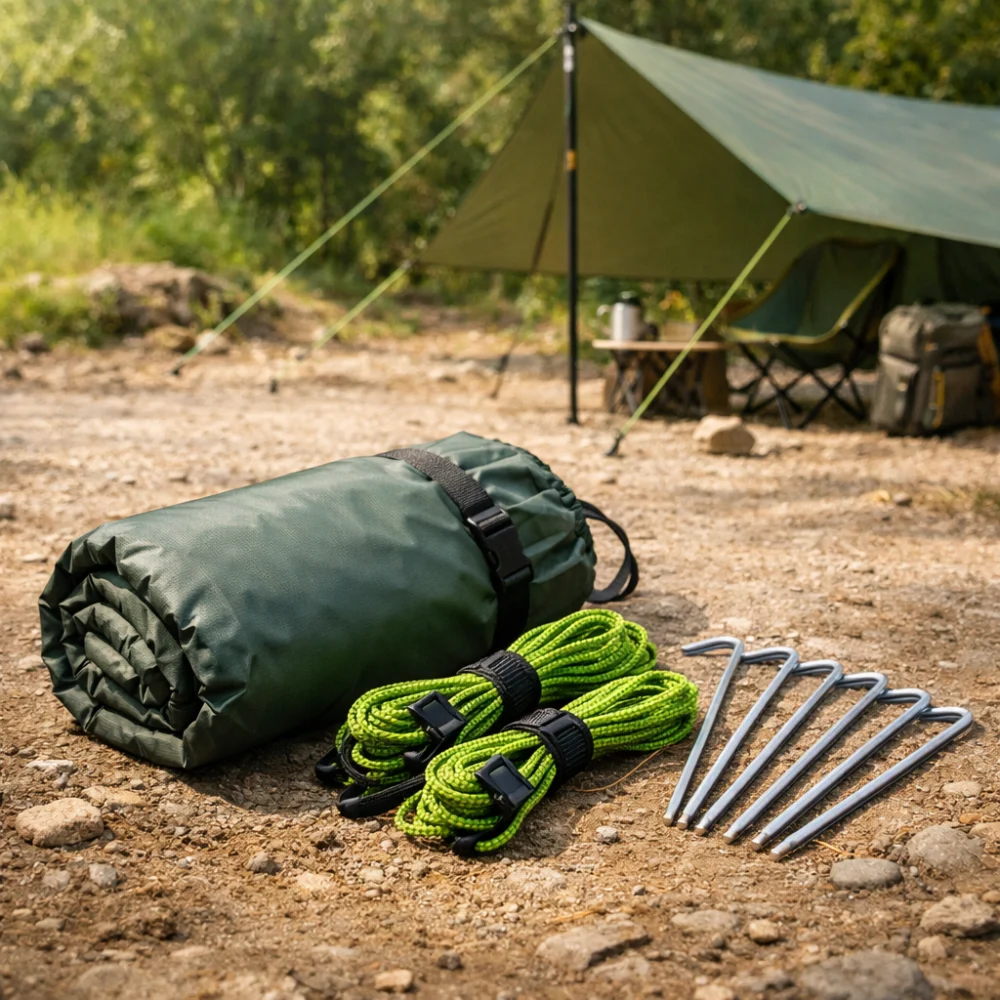 Camping tarp setup with sheet, lines and pegs for outdoor shelter use