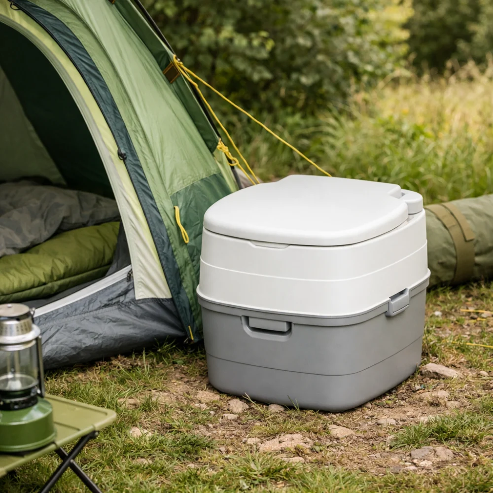 Portable camping toilet set beside a tent in a simple campsite scene