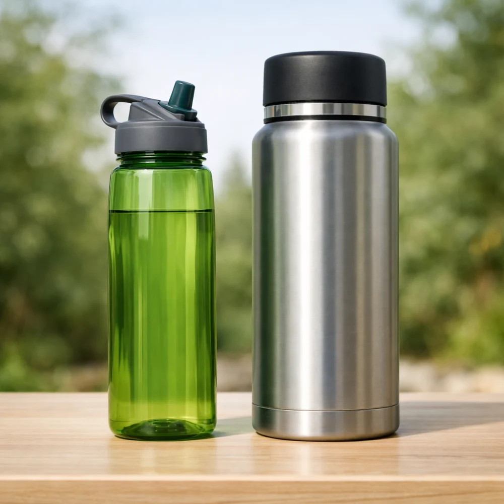 Lightweight bottle next to an insulated flask for comparison