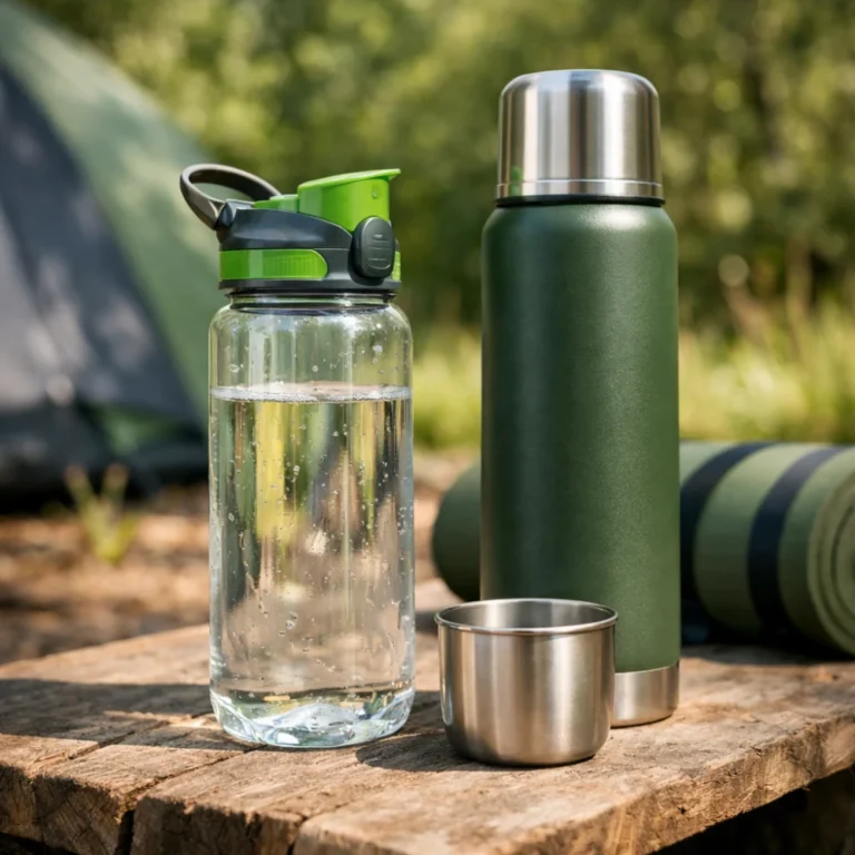 Camping water bottle and insulated flask arranged for a simple outdoor buying guide image