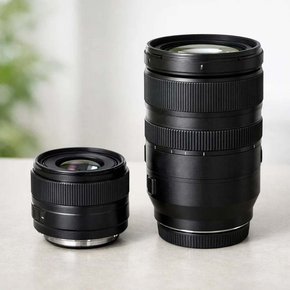 Two camera lenses shown side by side for size comparison