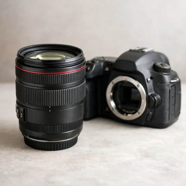 A camera lens next to a camera body on a neutral background