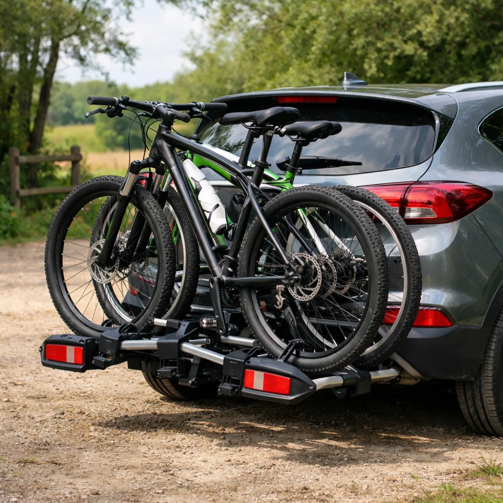 Car with a bike rack carrying two bicycles