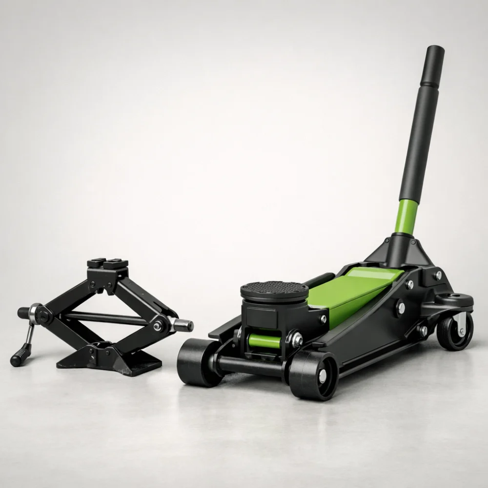 Two different car jack types shown side by side for comparison.