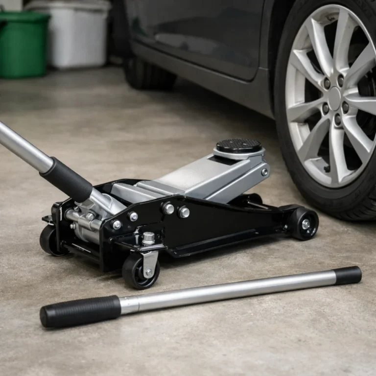 A car jack beside a vehicle wheel in a simple garage setting.