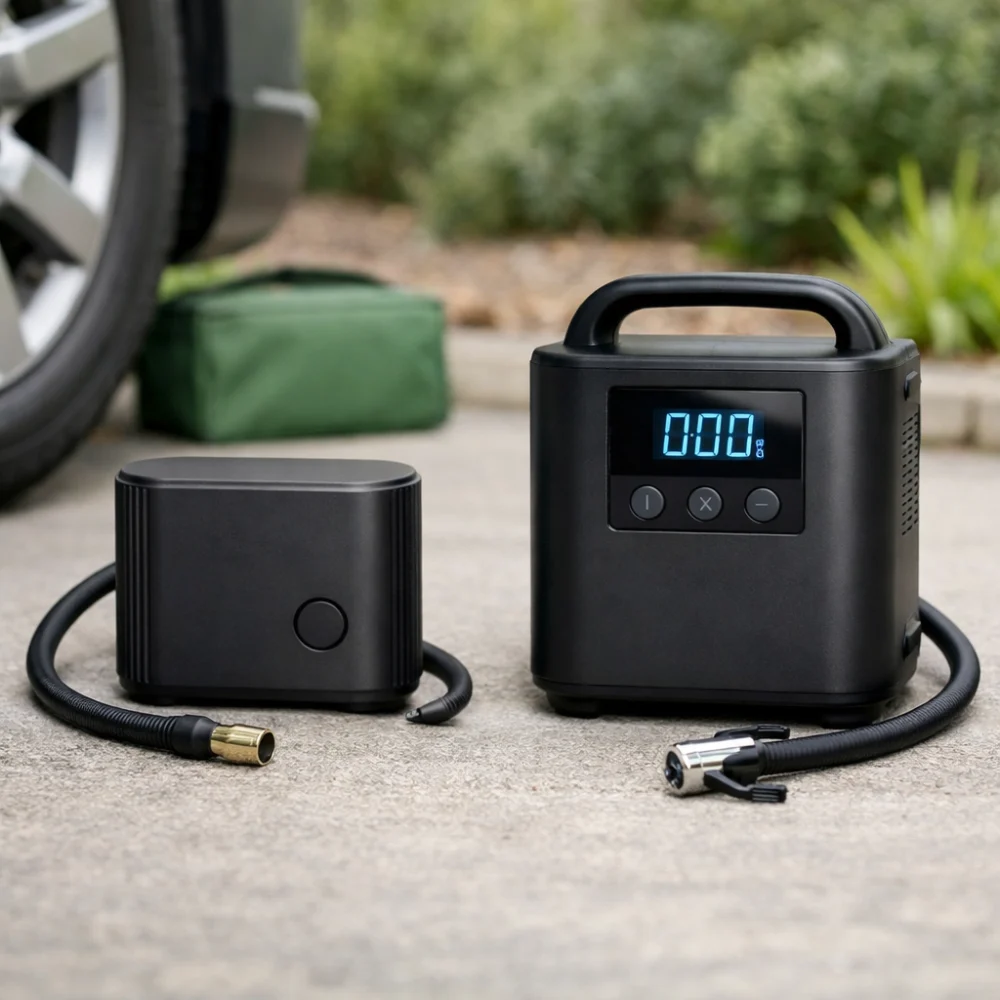 Two different car tyre inflator styles shown side by side