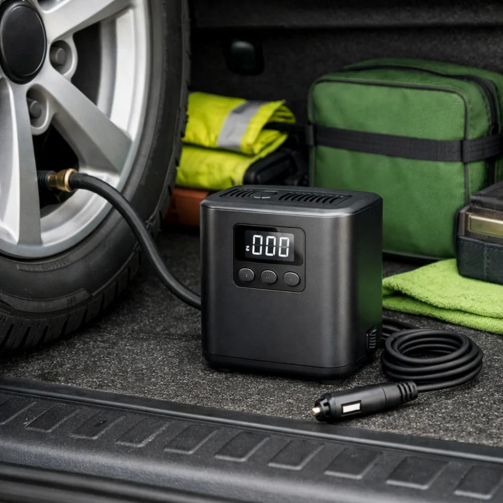 A car tyre inflator beside a vehicle wheel and boot storage space