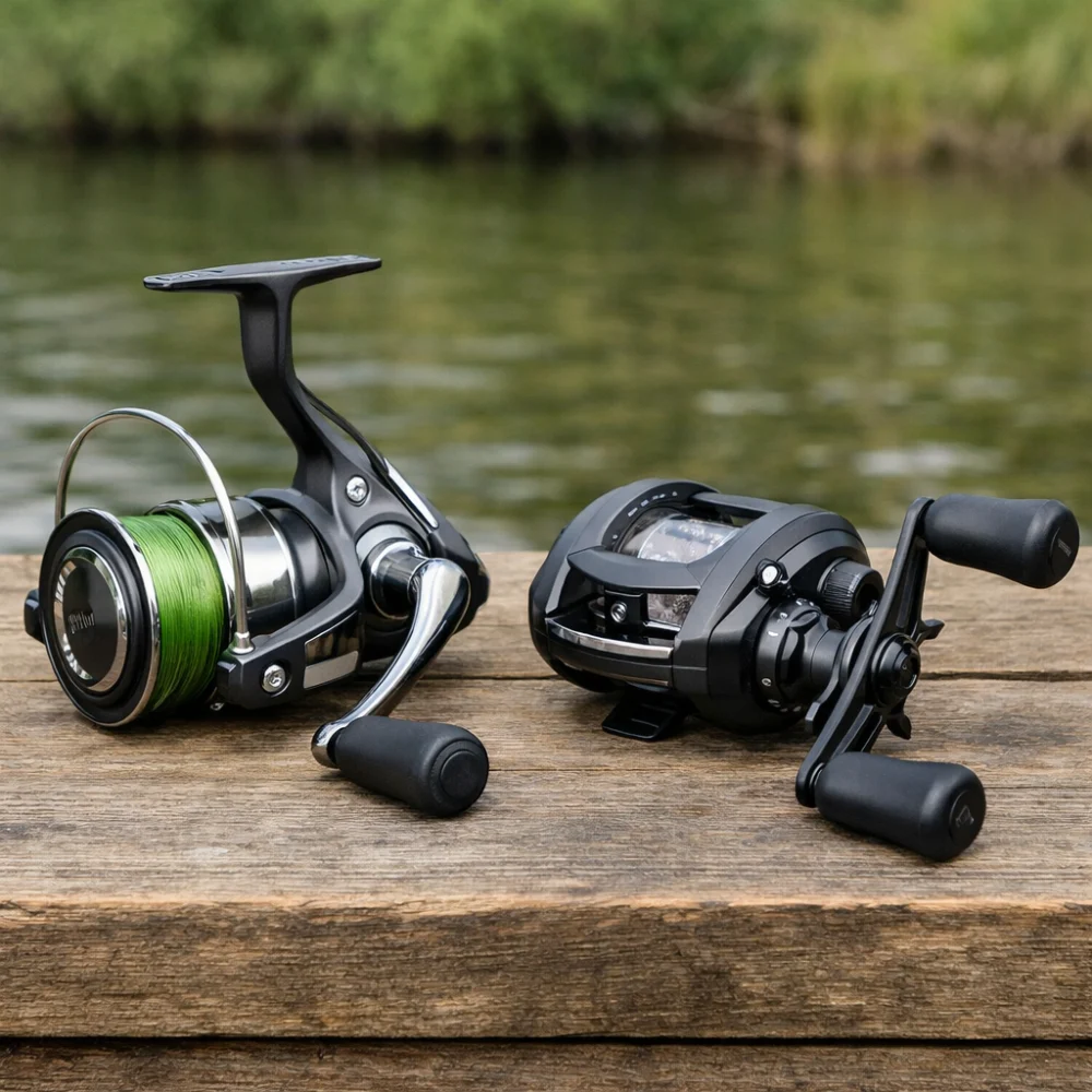 Two generic carp fishing reel styles shown side by side for comparison.