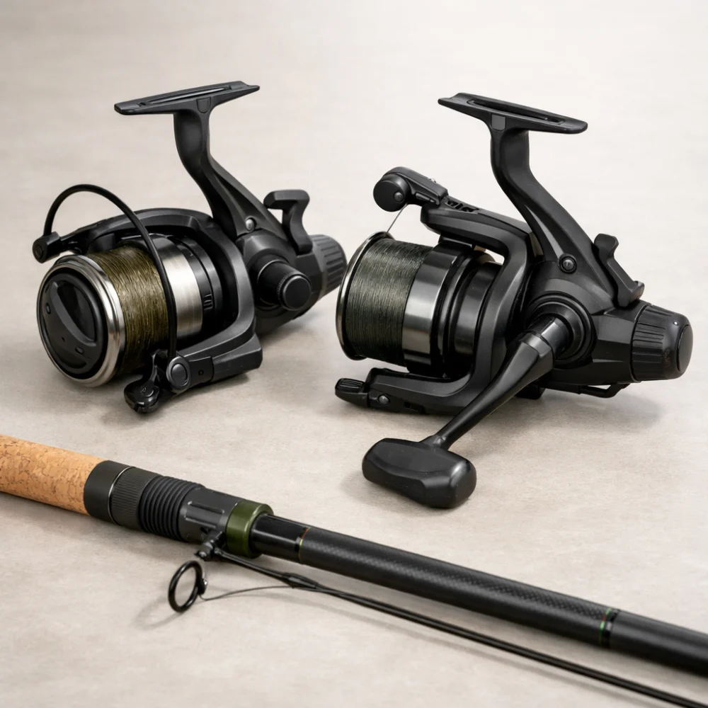Two generic carp fishing reels displayed beside part of a fishing rod on a neutral background.