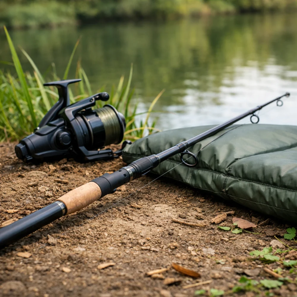 A carp fishing rod with reel beside bank-side fishing gear outdoors
