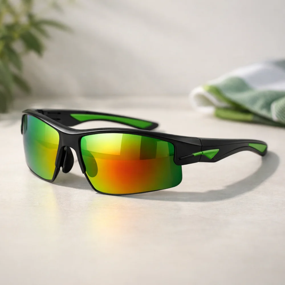 A pair of sporty sunglasses shown on a clean neutral background
