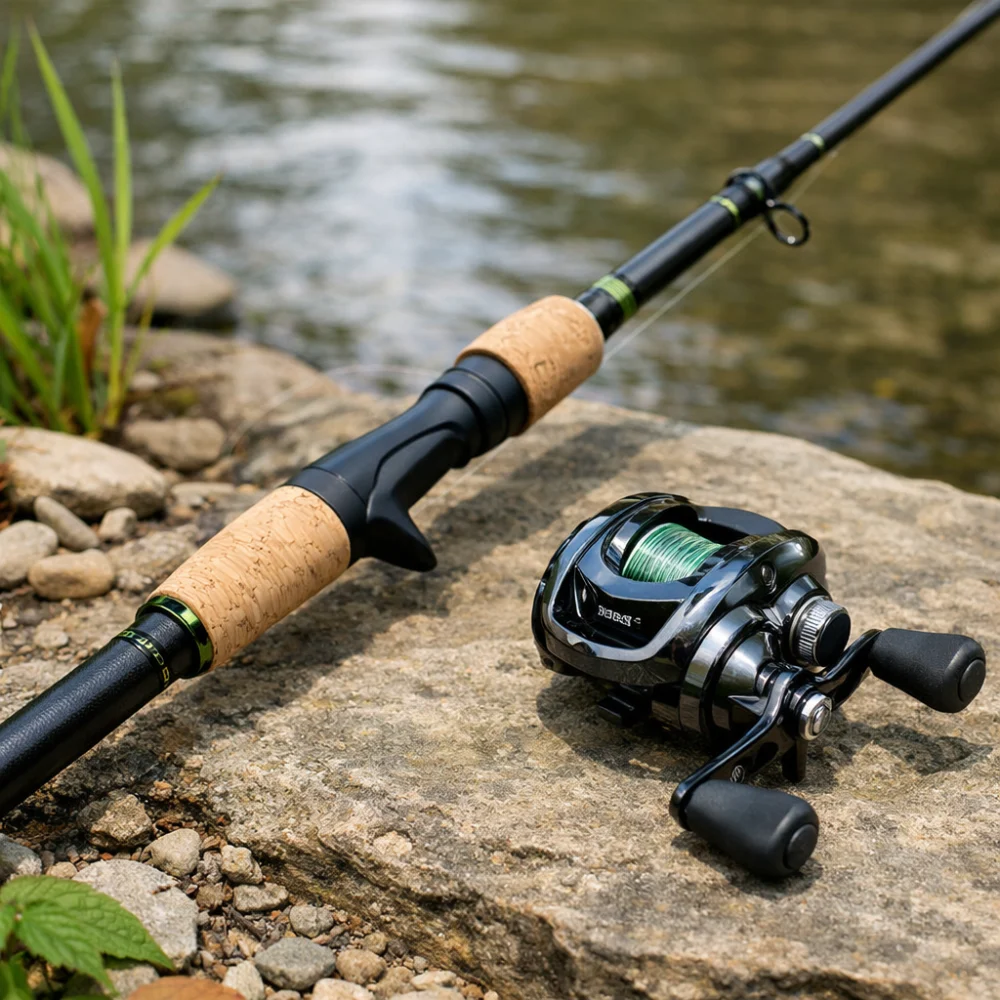 A casting rod with reel on a neutral background