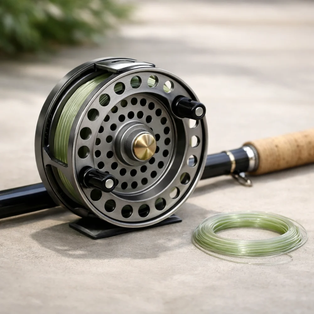 A centre pin fishing reel displayed on a neutral background beside fishing tackle