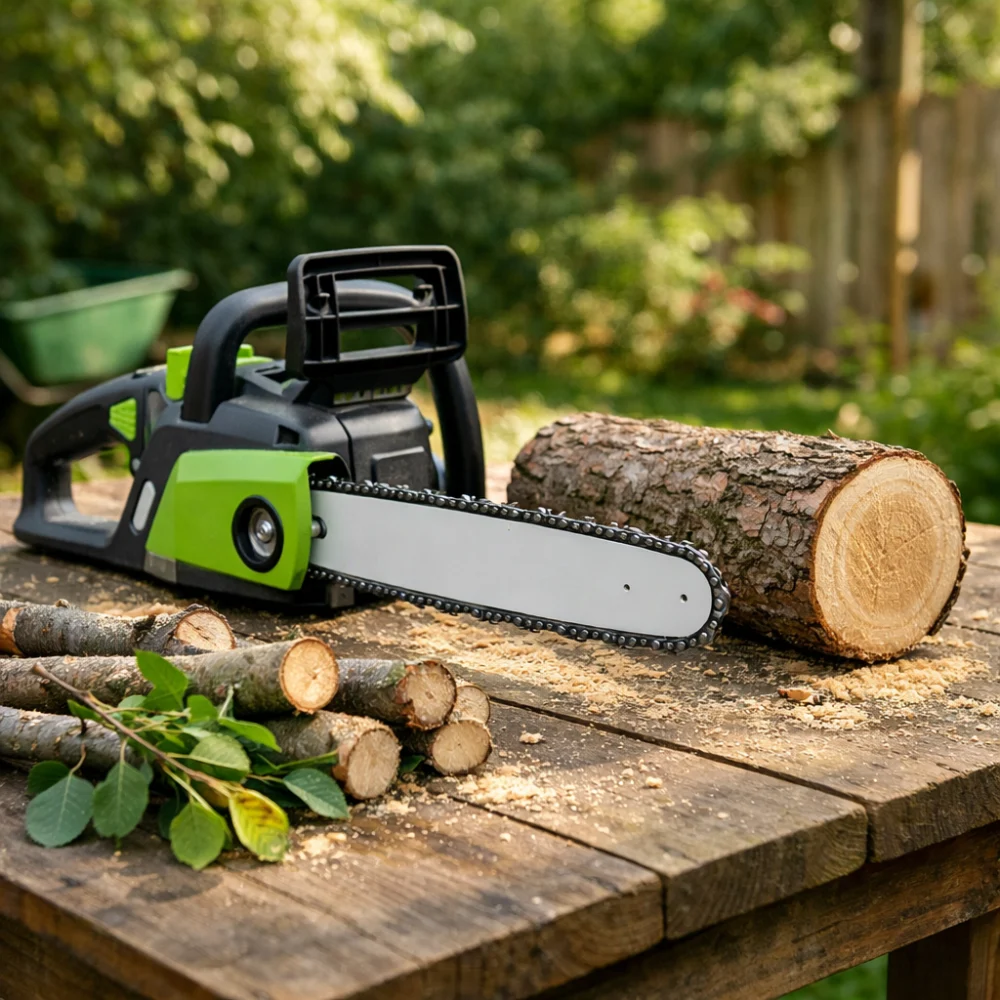 A generic chain saw beside cut branches and a log in a garden setting.
