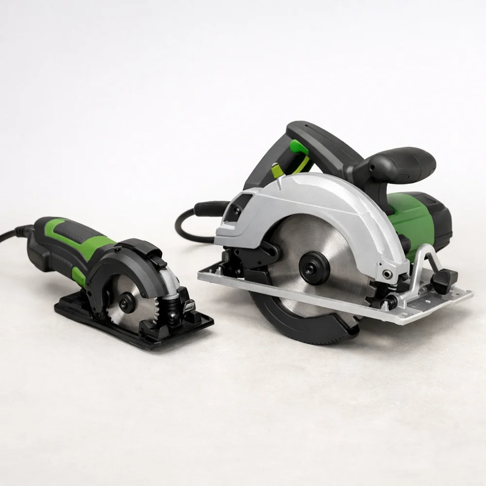 Compact circular saw next to a standard circular saw for size comparison