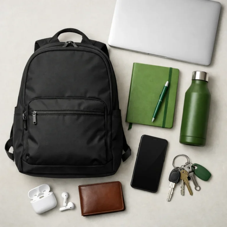Commuter backpack with everyday work essentials arranged on a neutral background.