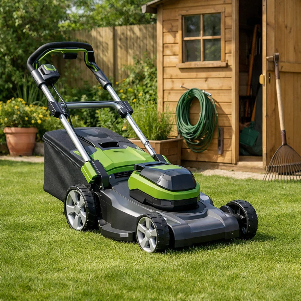 A cordless battery powered lawn mower on a neat garden lawn