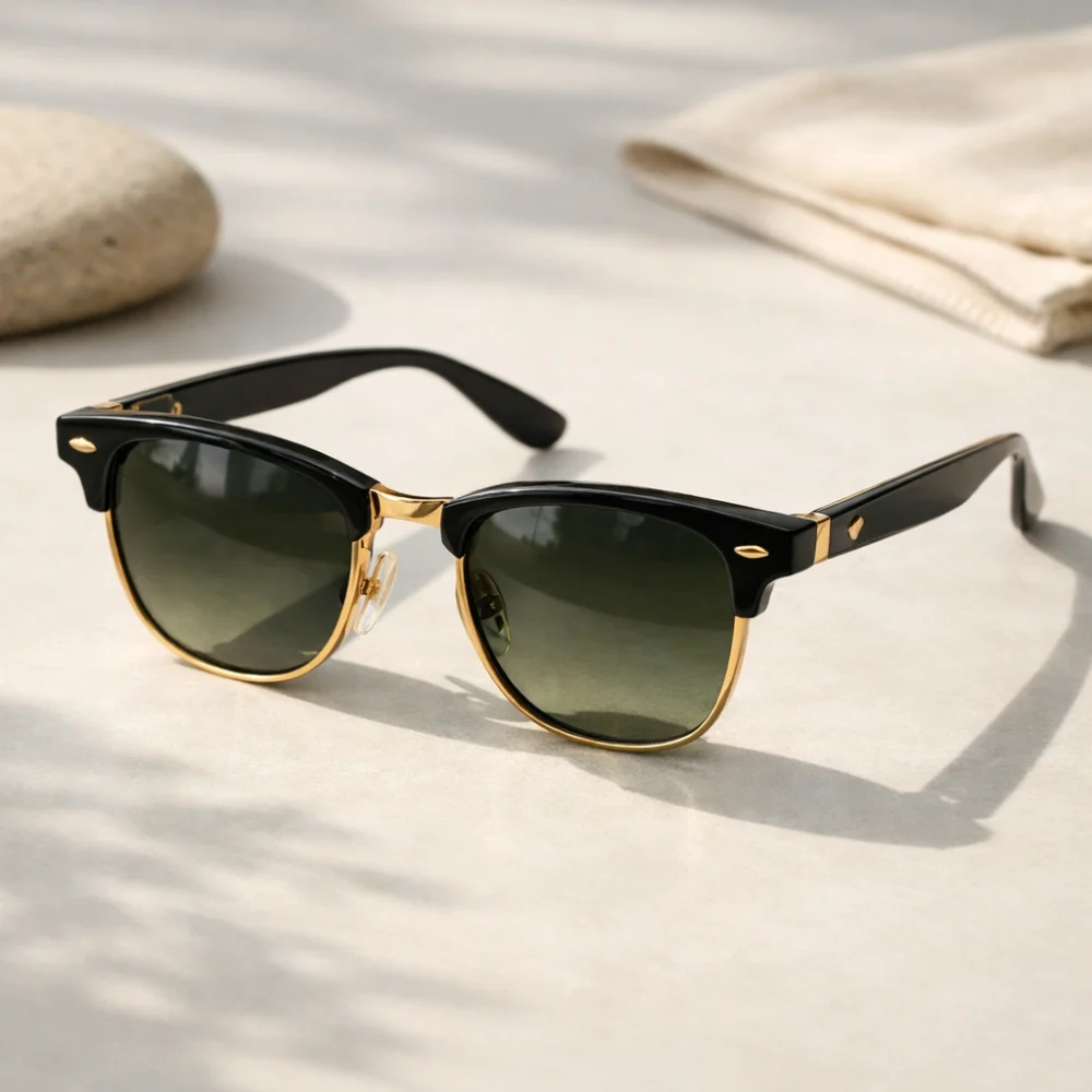 A pair of luxury-style sunglasses photographed on a neutral background