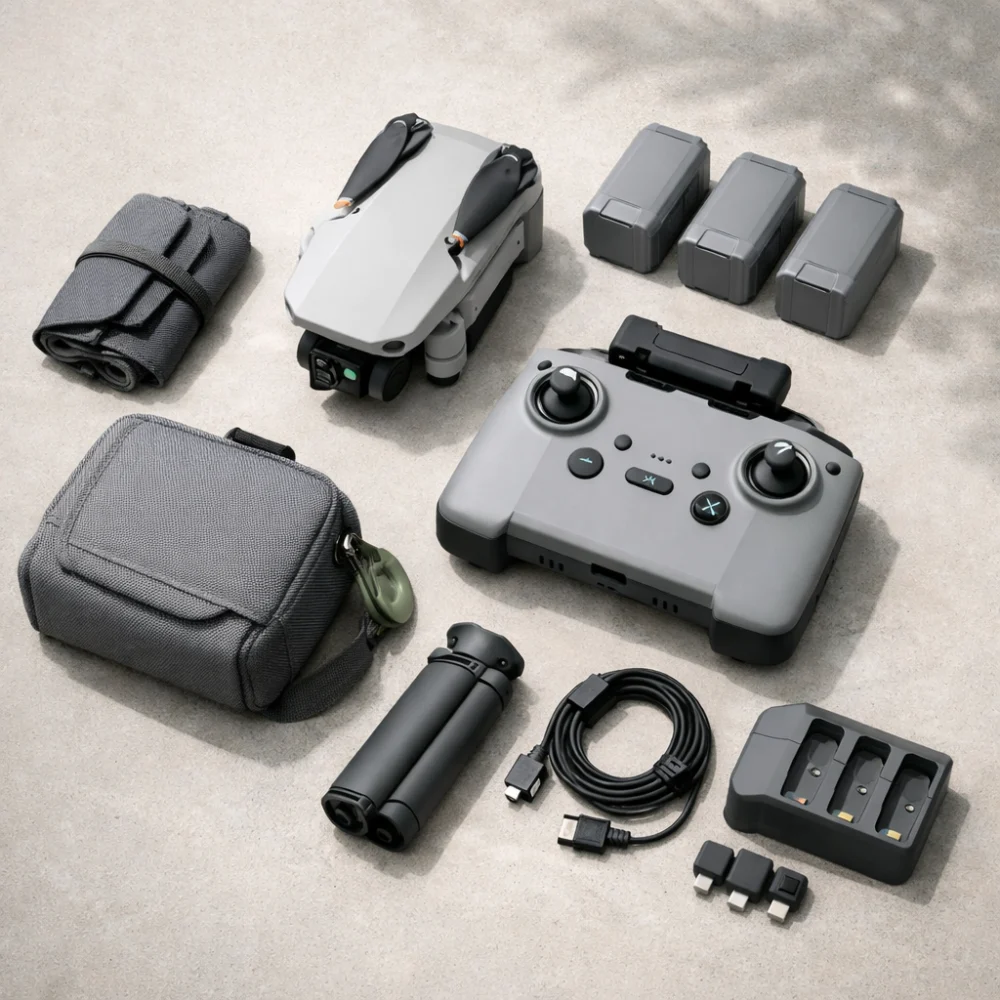 Compact drone and controller arranged on a clean neutral surface