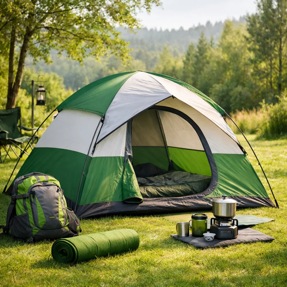A dome tent at a campsite with simple camping gear