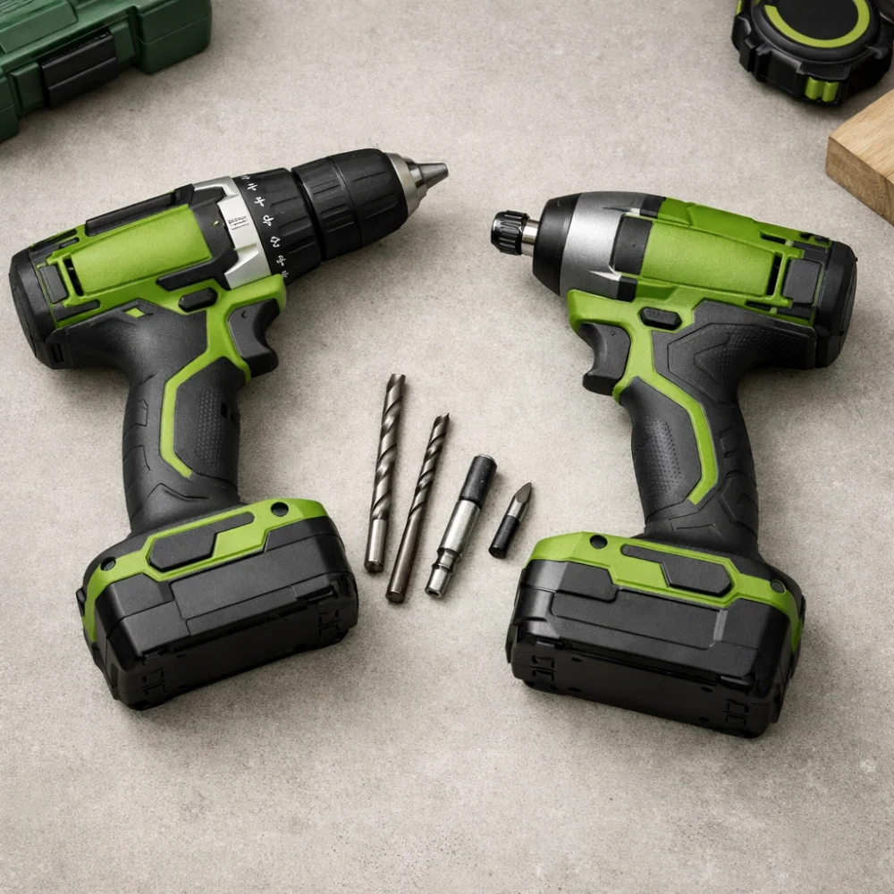 Cordless drill driver and impact driver with assorted drill bits on a neutral background