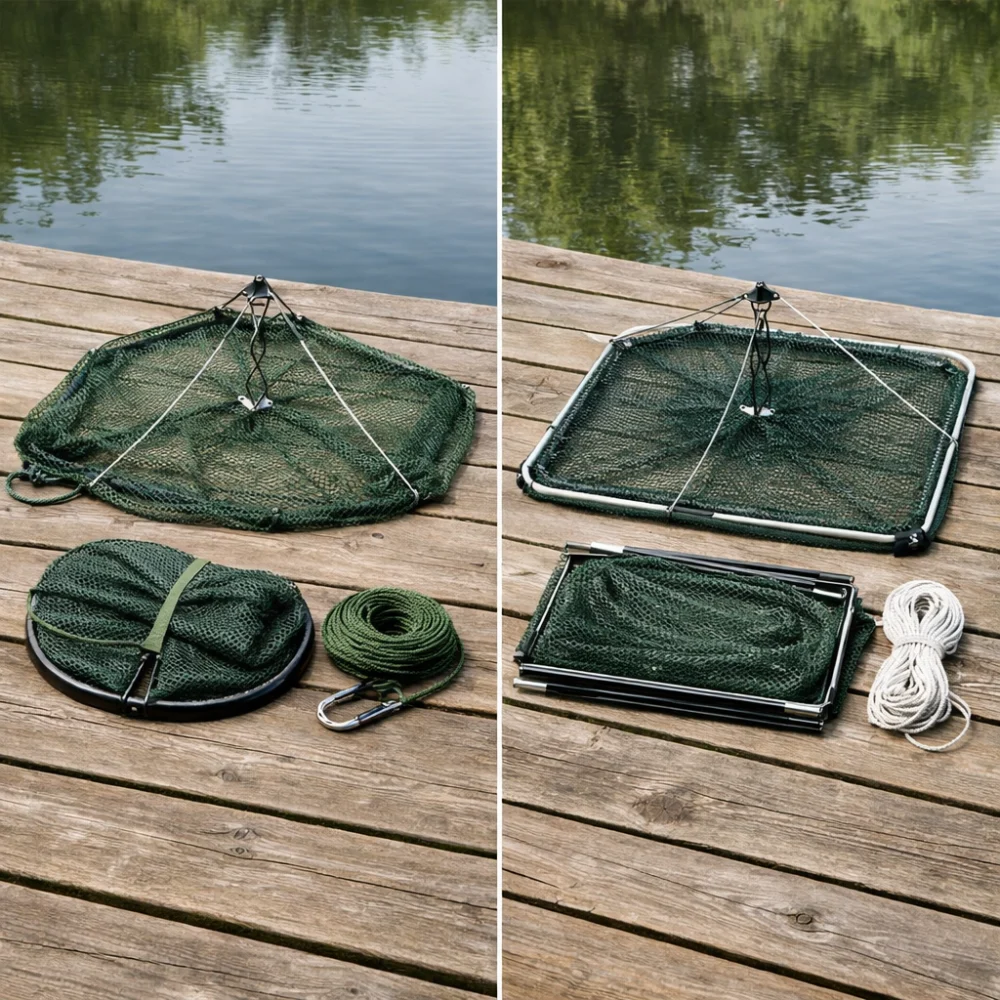 Two drop net styles showing a foldable design and a more rigid framed design
