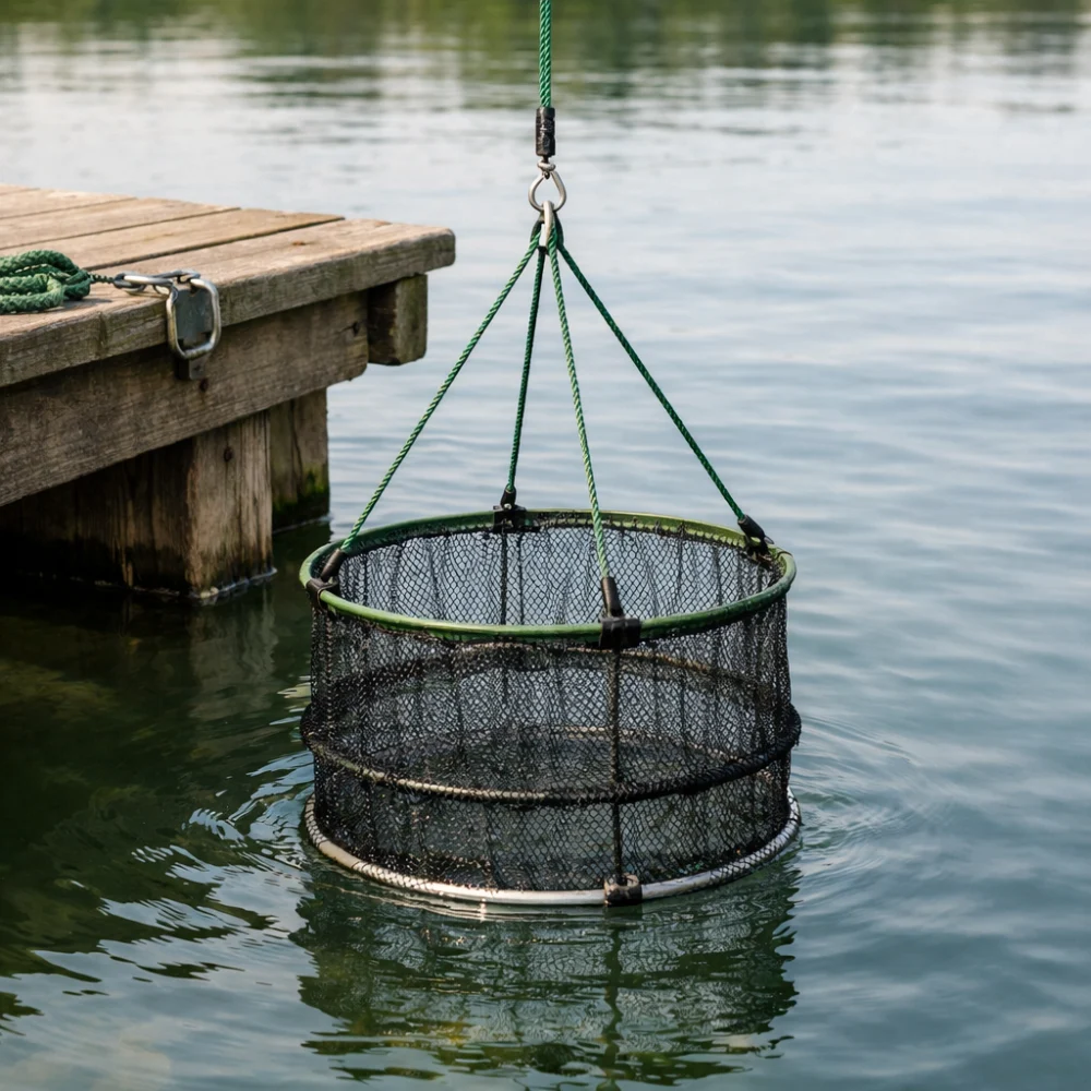 A fishing drop net lowered beside a pier over calm water