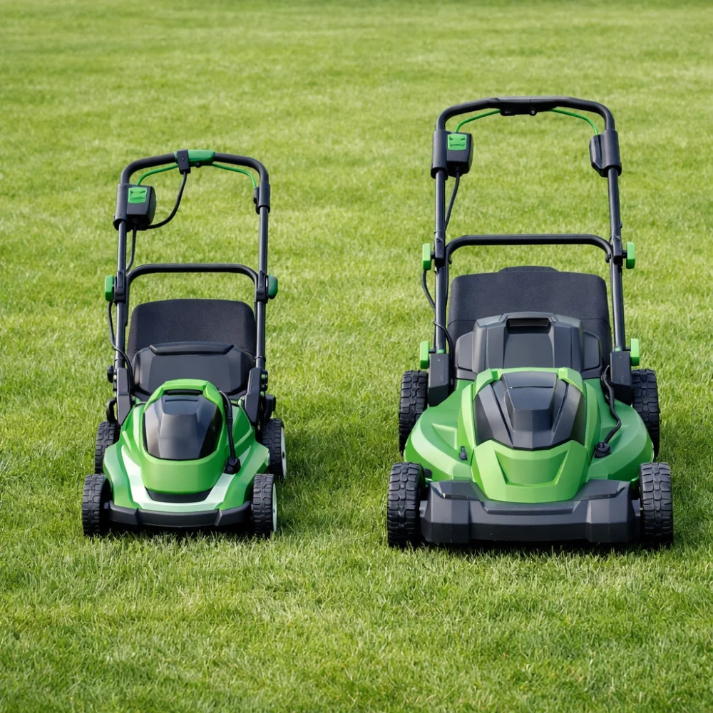 Two generic electric lawn mowers comparing compact and wider designs