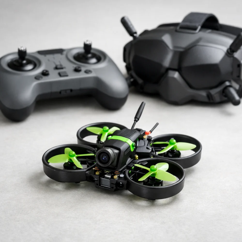 Compact FPV micro drone with controller and goggles on a plain background.