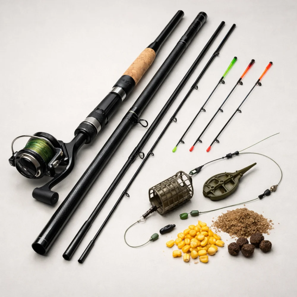 A feeder fishing rod with a simple feeder setup on a neutral background