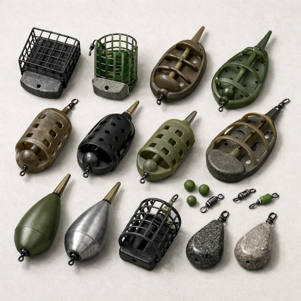 Assorted fishing feeder tackle arranged on a neutral background