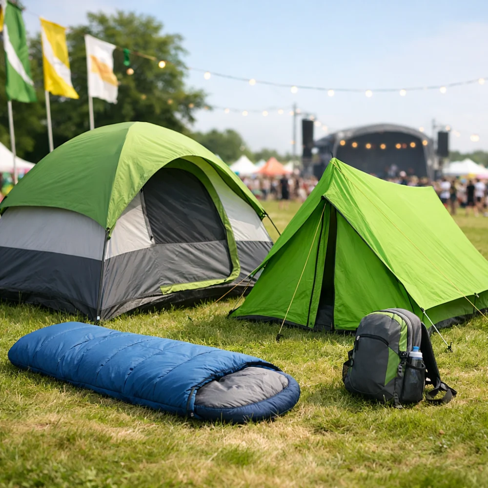 Two festival tents with camping kit in a simple outdoor scene