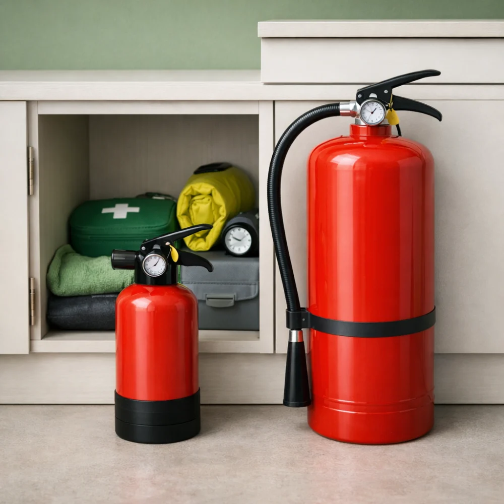 Two generic fire extinguishers of different sizes beside a small storage space.