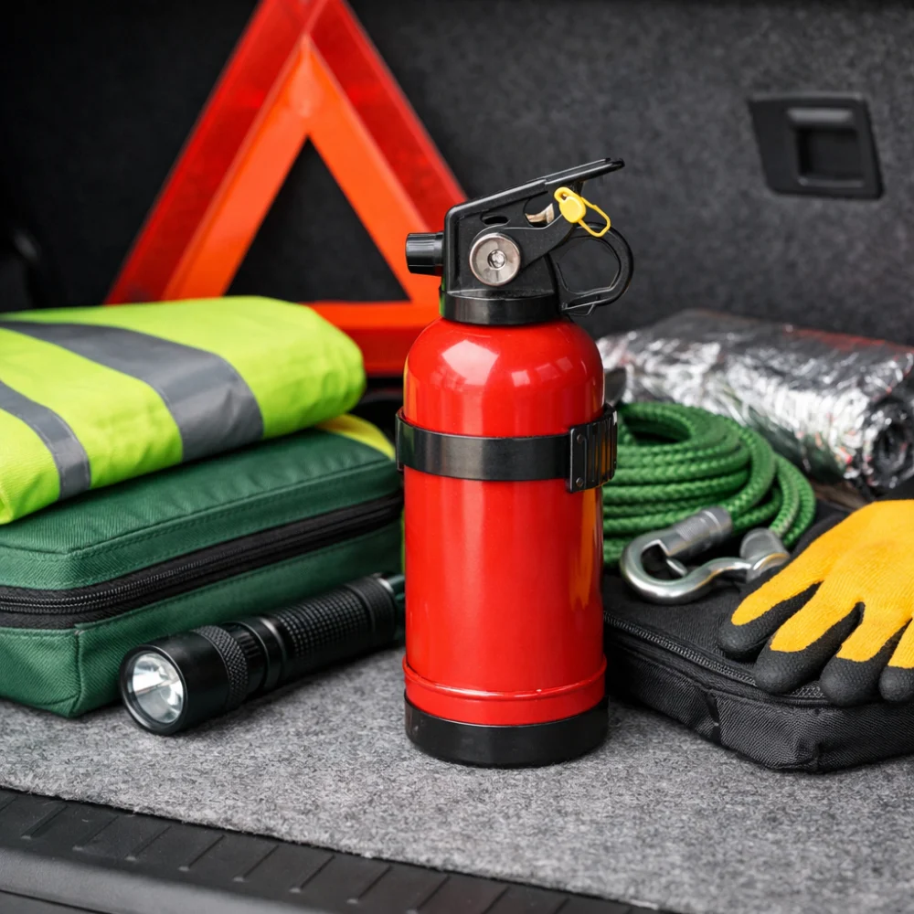 A compact fire extinguisher shown with travel safety items in a neutral setting.
