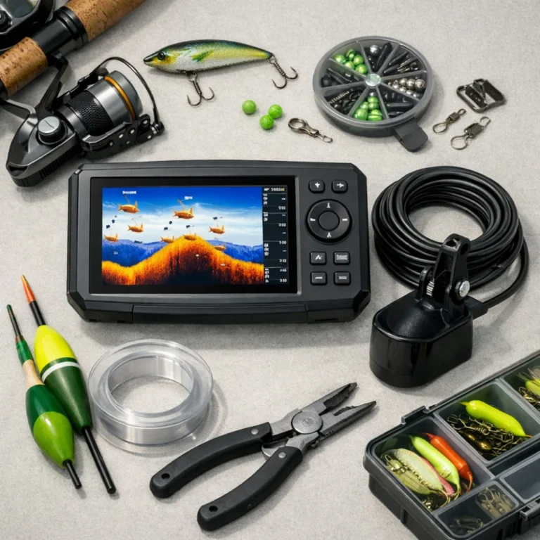 A generic fish finder display with sonar transducer and fishing gear on a neutral background