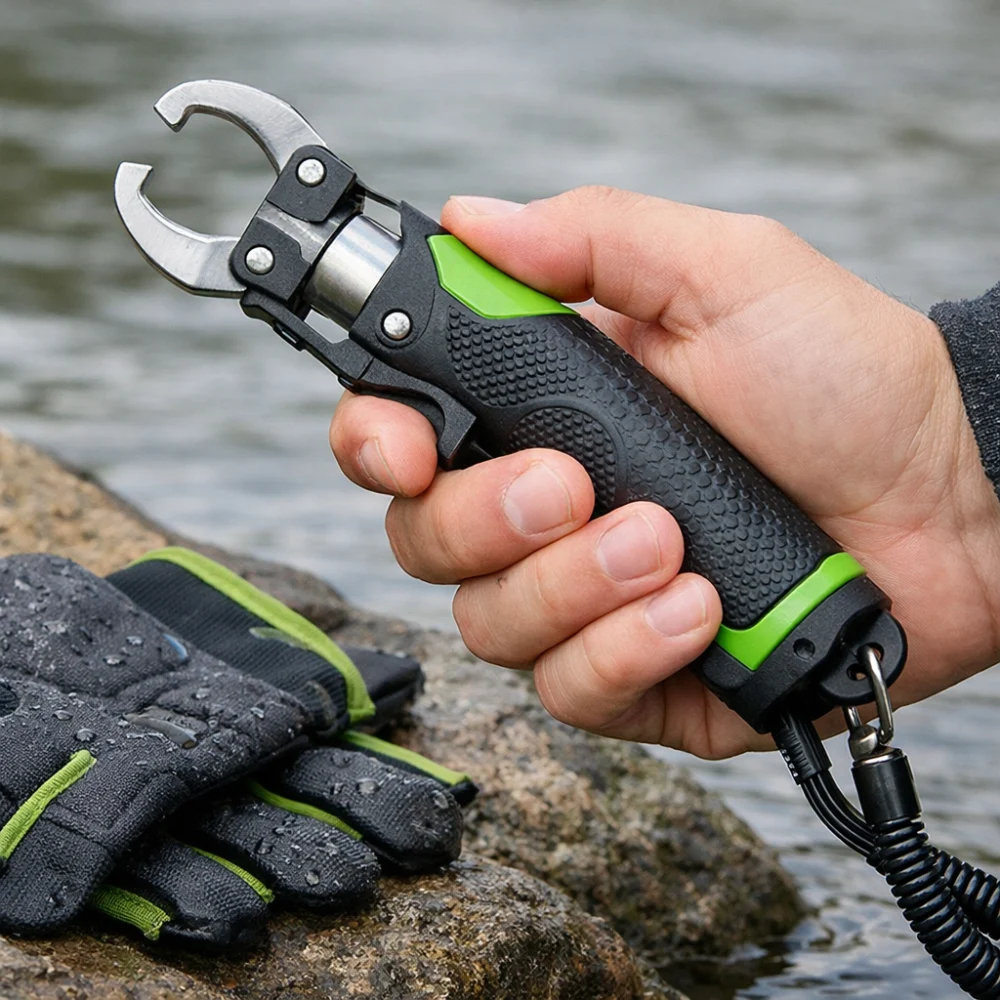 A hand holding a fish gripper to show the grip and handle shape