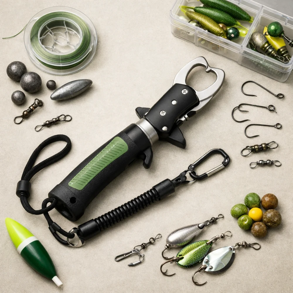 A fish gripper shown with basic fishing tackle on a plain background