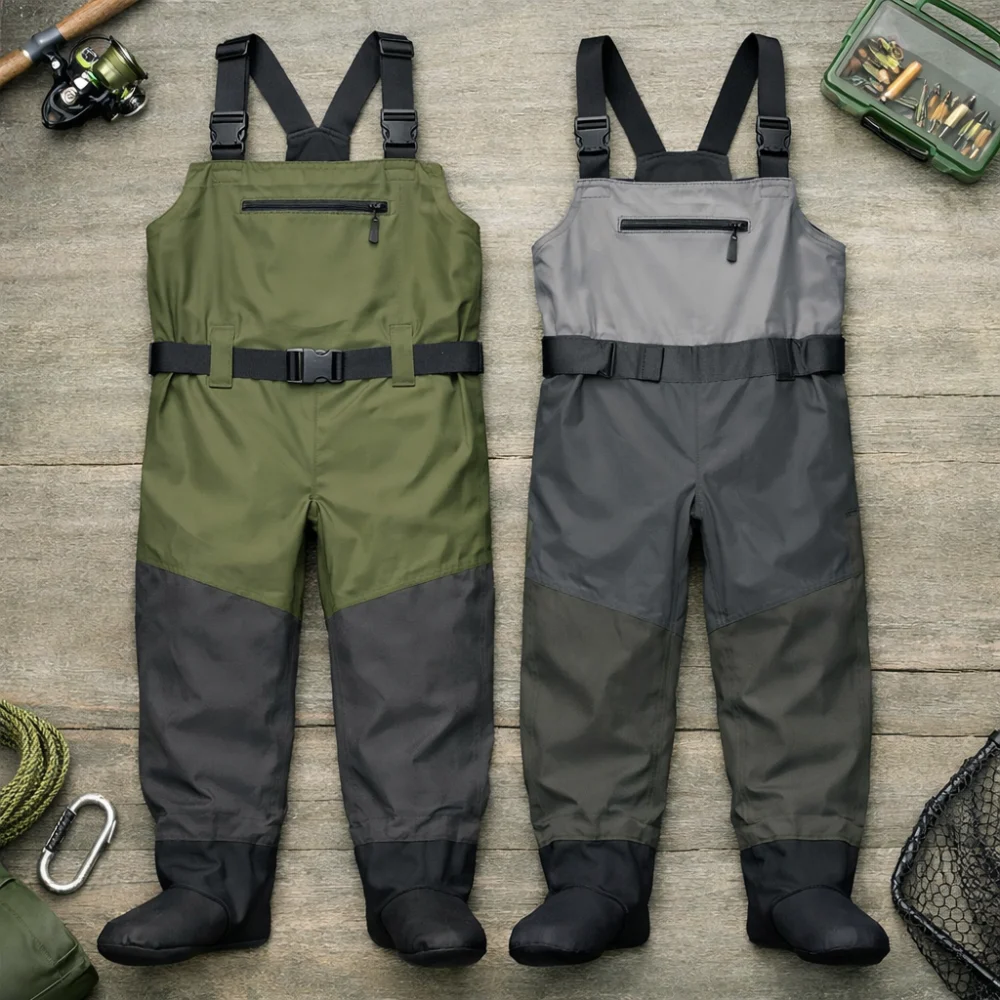 Comparison of two fishing bib styles side by side
