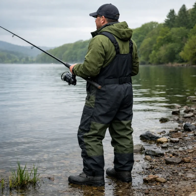 Angler wearing fishing bibs on a wet shoreline