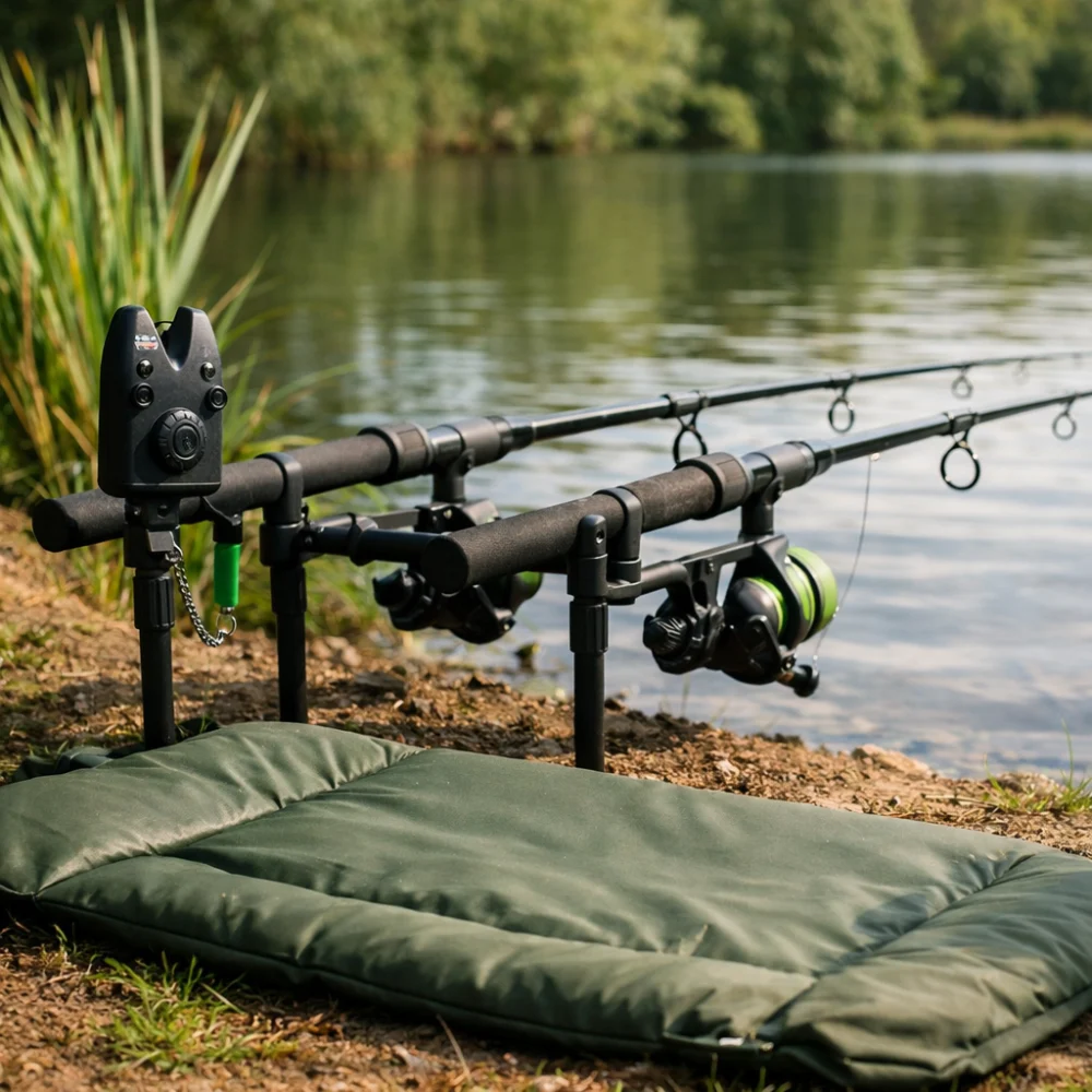 A fishing bite alarm beside rod rests on a bank-side setup.