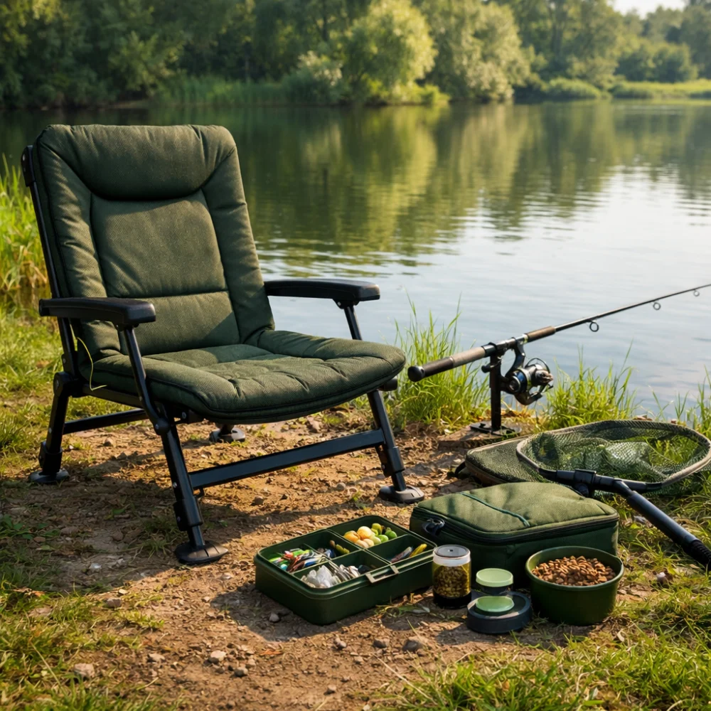 A fishing chair set up on a bank beside water with simple tackle nearby.