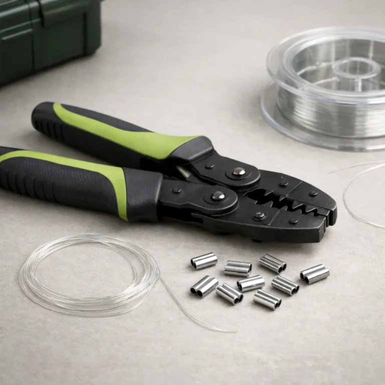 Fishing crimping tool with small metal crimps and fishing line on a plain background.