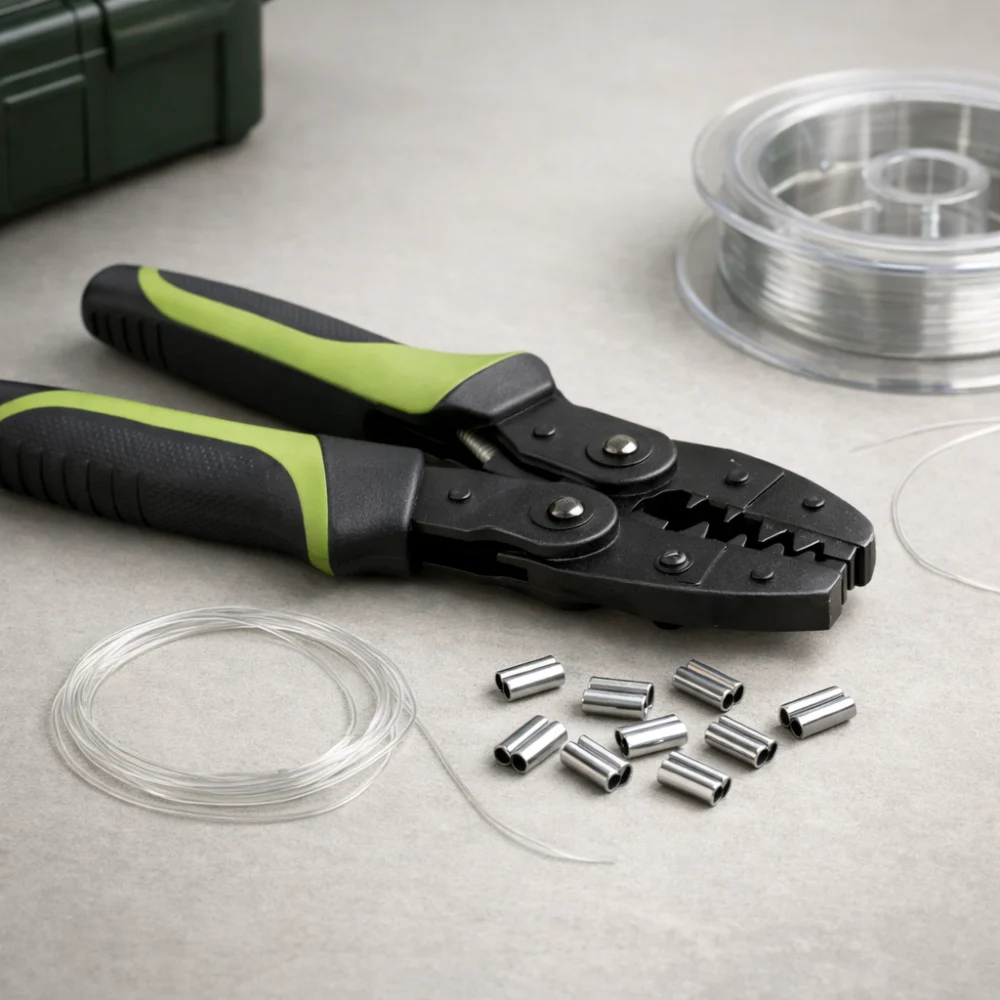 Fishing crimping tool with small metal crimps and fishing line on a plain background.