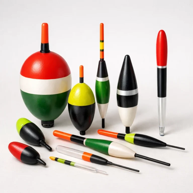 Assorted fishing floats arranged on a neutral background